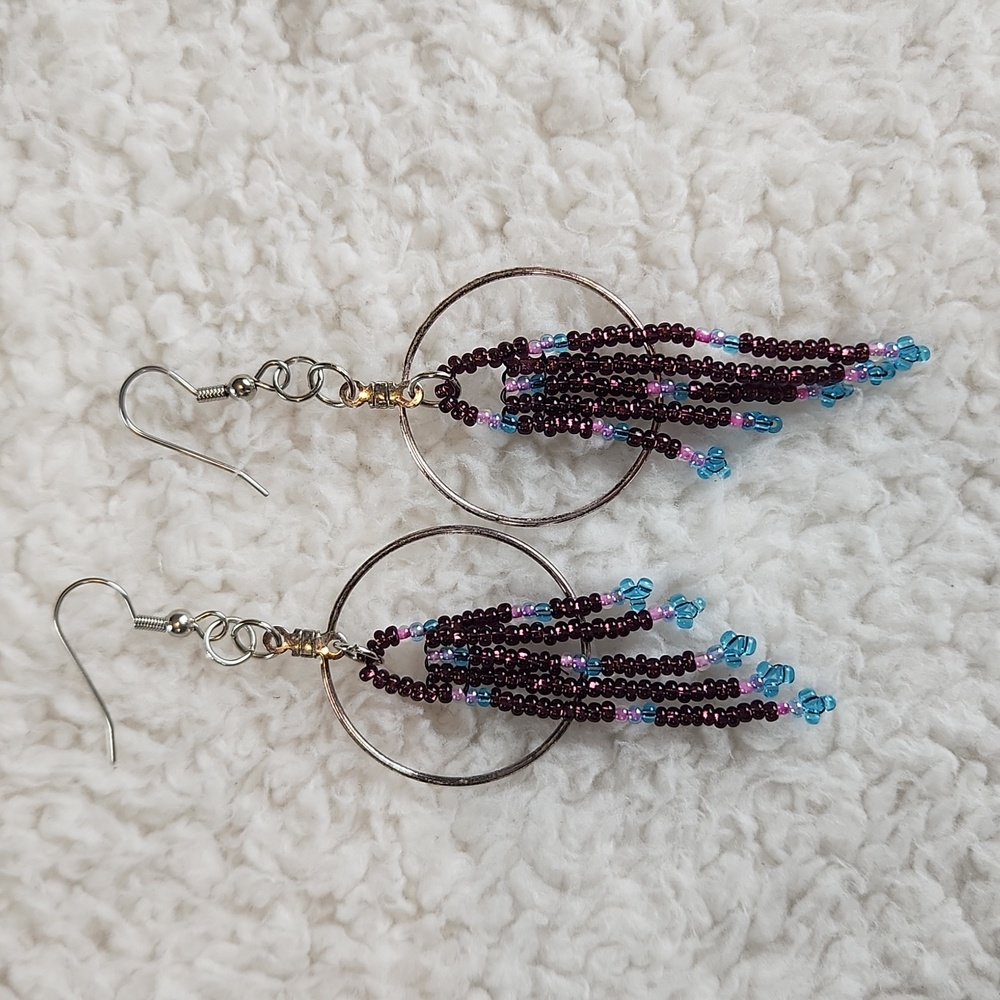 HANDMADE beaded earrings with fringe  & hoop. Purple pink blue silver tone NWT!